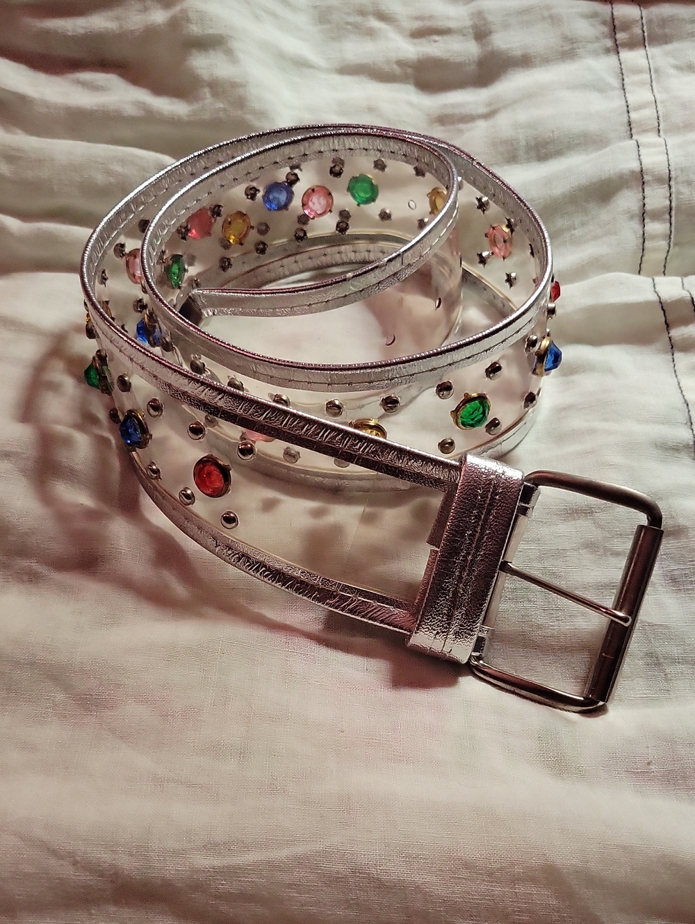 Y2K Silvery Leather Trim Studded Vinyl Plastic Belt With Multi-gemstones
